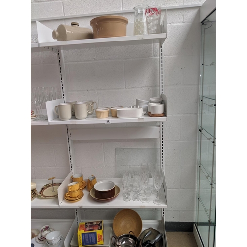 54 - Four shelves of mixed glass and china including Denby etc.
