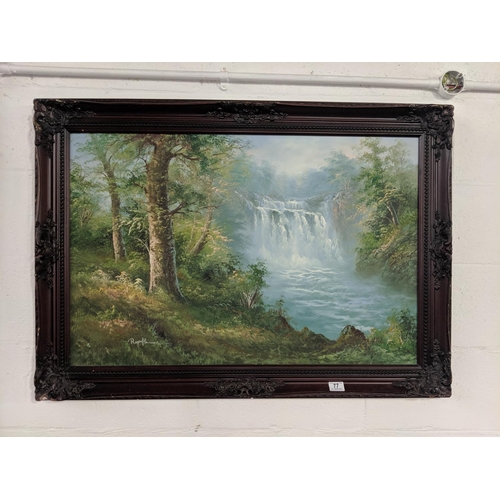 77 - Roger Brown waterfall landscape oil painting- framed