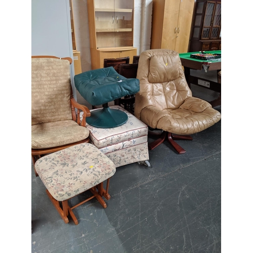 721 - Nursing chair and stool and a leather chair and two stools