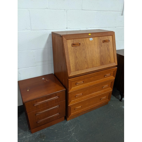 204 - A teak writing bureau and a G Plan, three drawer bedside cabinet