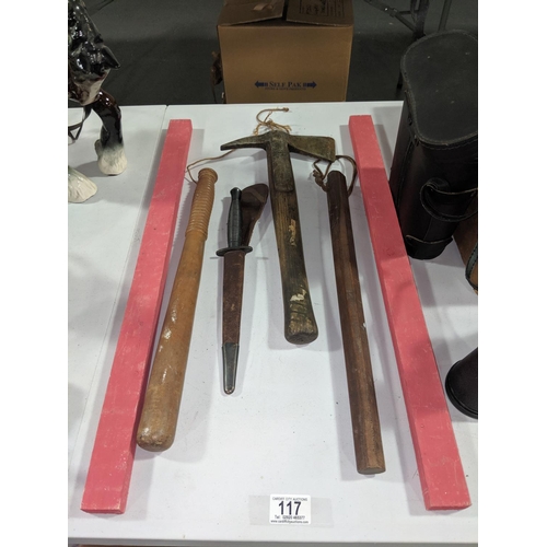 117 - Two truncheons,a Sheffield Fairbairn Sykes commando dagger and a firemans axe