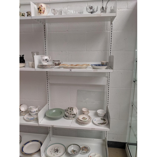 66 - Four shelves of mixed glass and china including Colclough etc.