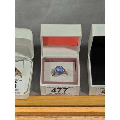 477 - A 9k gold ladies ring with a large blue stone