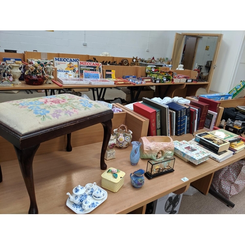 27 - An upholstered piano stool, glass,china,books etc.