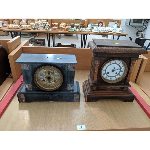 4 - A wooden mantle clock and a slate mantle clock