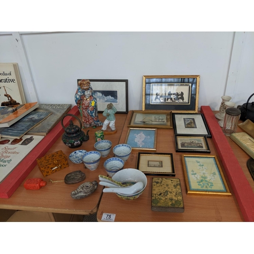 75 - Oriental items, pictures etc including small watercolour etc.