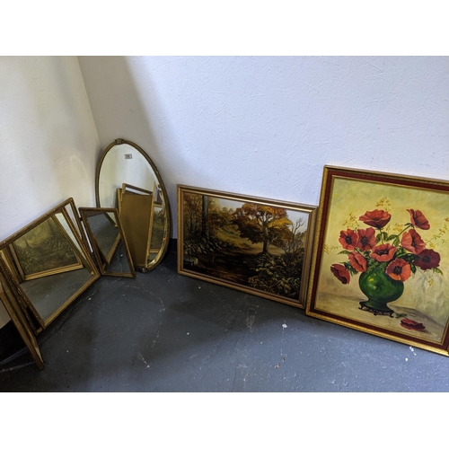 234 - An Art Nouveau, brass framed mirror, a dressing table mirror and two paintings