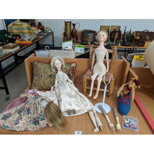 13 - Hand crafted dolls and doll accessories including clothing, wig etc.