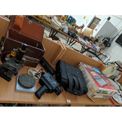 2 - Vintage microscope, Chinon video camera and a typewriter etc