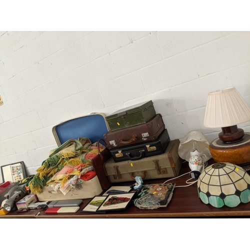 5 - Vintage suitcases, Aynsley lamp, blankets, scout hat etc.