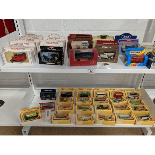 67 - Lledo, Matchbox cars etc - two shelves