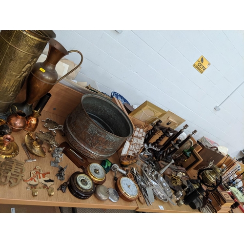 7 - A large selection of brassware, copper and treen items including barometers,wooden case etc.