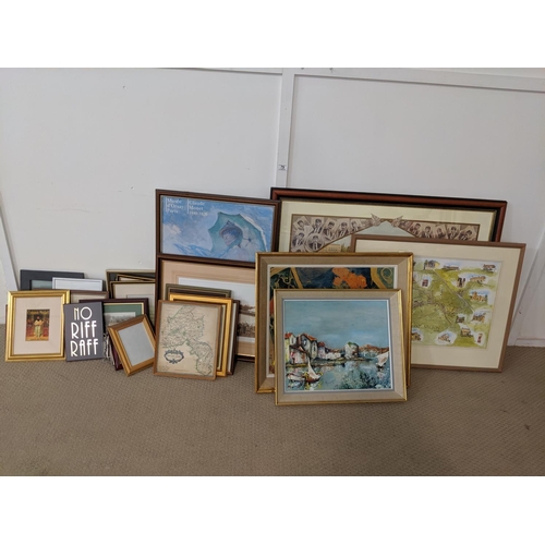 79 - A selection of pictures and prints including Oxfordshire map, oil painting , English and Australian ... 