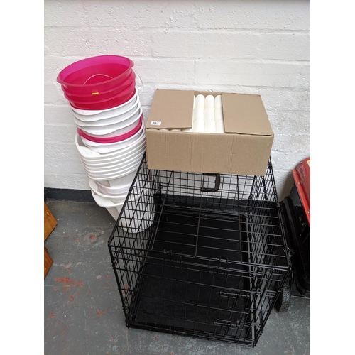 832 - A box of foam paint roller heads, a quantity of plastic buckets and a dog cage