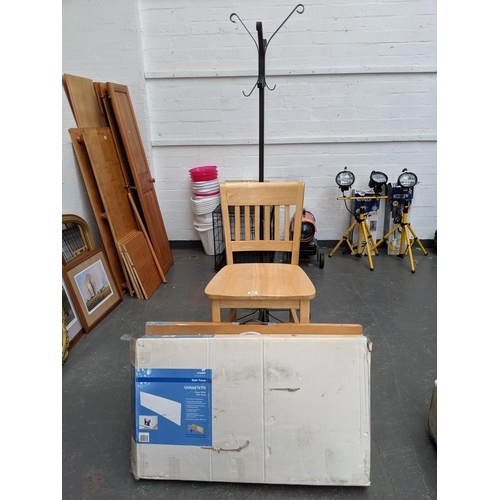 872 - A metal coat stand, bar stool, bath panel and pasting table