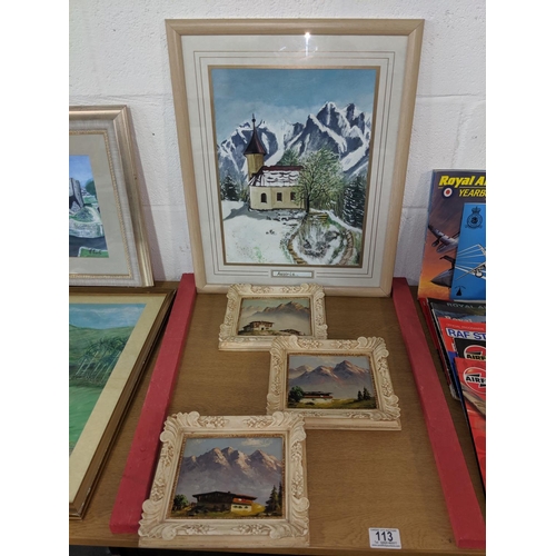 113 - Three framed oil paintings of swiss scenes two by' Eder' one by ' Karner' and a watercolour by E.Eno... 