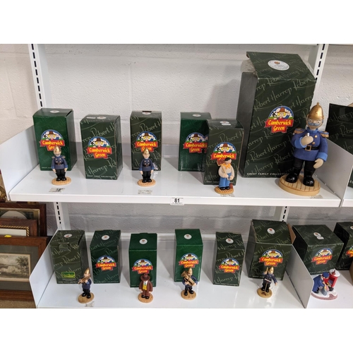 81 - Two shelves containing 12 boxed Robert Harrop Camberwick Green figures including a large Captain Fla... 