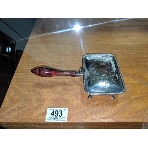 493 - A silver butlers ashtray with wooden handle- Spanish hallmarks and stamped 925 and sterling