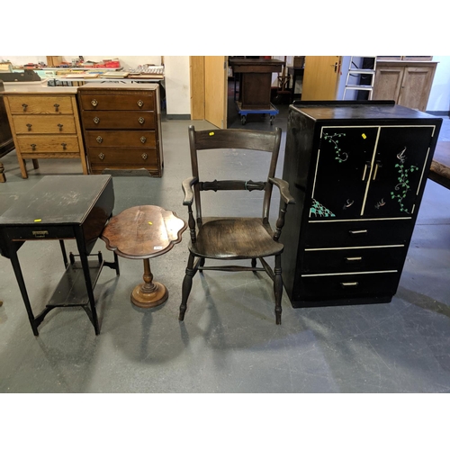 218 - An ebonised drop leaf table, small coffee table, painted chair and vintage painted cupboard