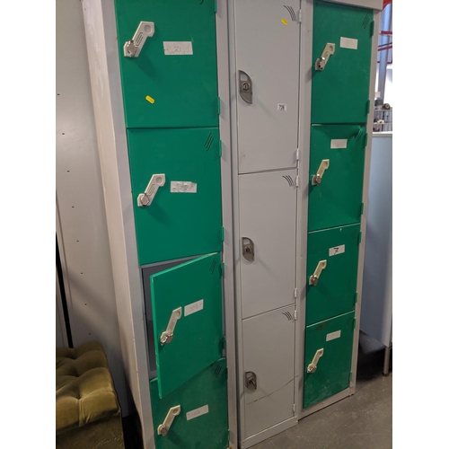 736 - A three door metal locker and 2 x four door green metal lockers