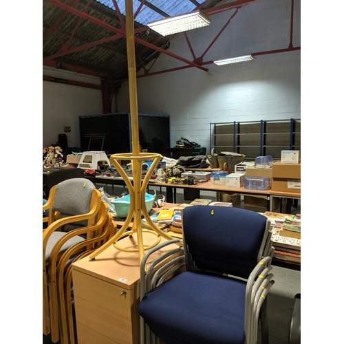 769 - Four stacking chairs, office cabinet and a bentwood coat stand