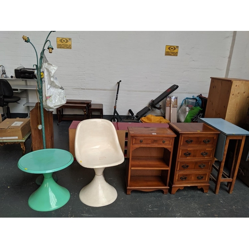 747 - A metal standard lamp, table, chair, cupboard, chest of drawers etc.