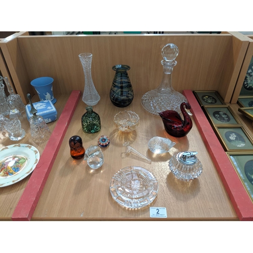 2 - A collection of glass including Wedgwood owl, dolphin, singed Exmoor art glass mottled bottle etc.