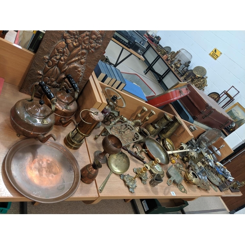 24 - A quantity of metalware including brass, silver plate, copper etc.
