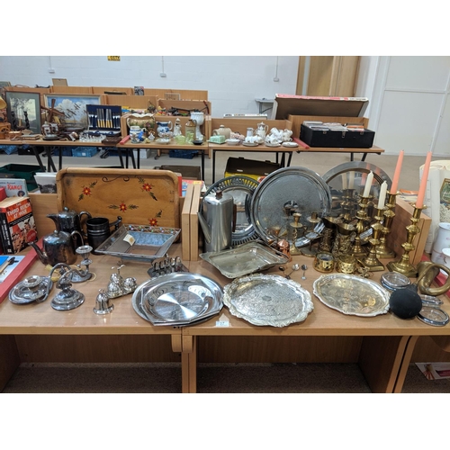 37 - Silver plated items, brass candlesticks etc