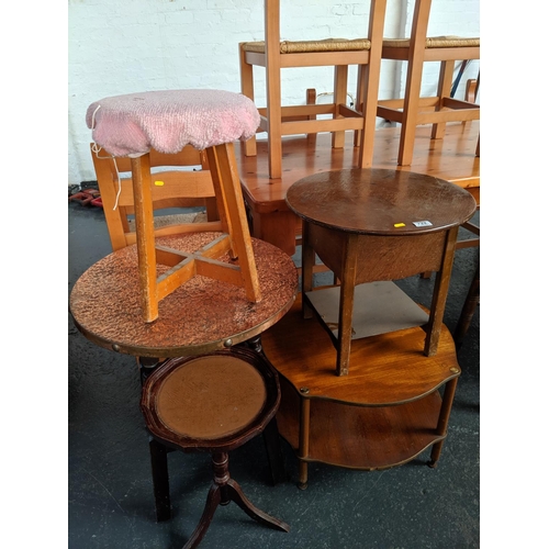 792 - A copper topped table, coffee table, sewing box, stool and wine table