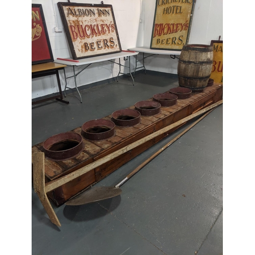 240 - A pine coopers box- used by a cooper for the manufacture of barrels together with barrel rests, brew... 
