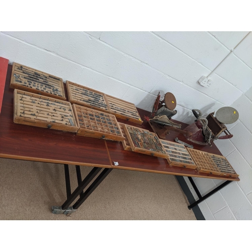 40 - Two vintage printing letter presses, printing trays and printing letter plates