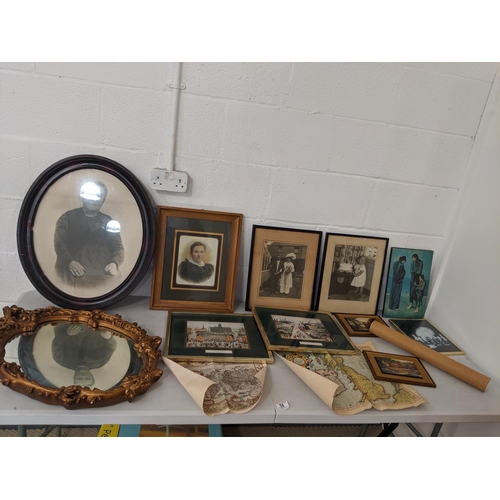 56 - A gilt framed mirror, pictures, prints, maps etc.
