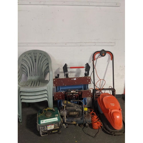 502 - A Flymo lawnmower, air compressor, garden chairs, workmate etc.