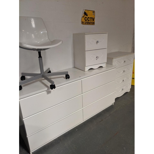 512 - A white chest of drawers, six drawer chest of drawers, bedside cabinet and a chair