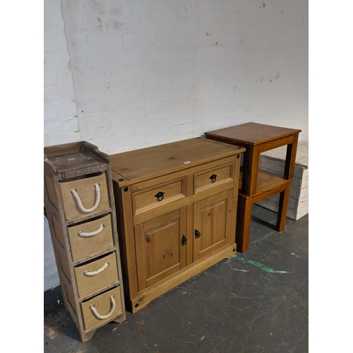 513 - A pine sideboard, two tables and a shelving unit