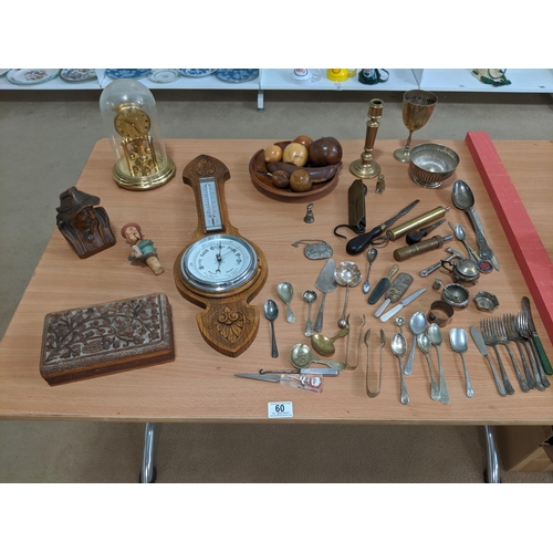 60 - Barometer, Salters brass spring balance, silver plated items,treen etc.