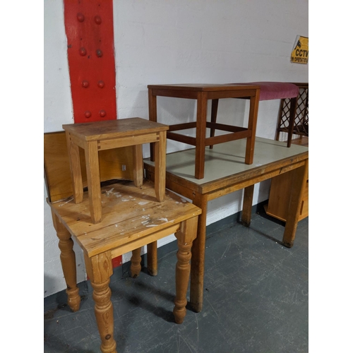 720 - A pine table,pine stool,dining table and one other anda gordan russell coffee table
