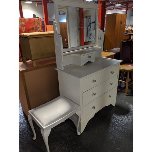 735 - A white dressing table with mirror and stool