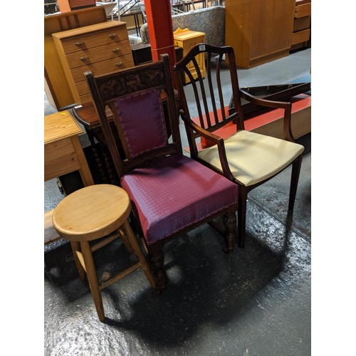736 - Two chairs and a wooden stool
