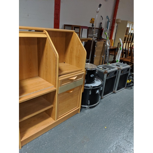 756 - A pine unit,drums,speakers,stands,vacuum and steam mops