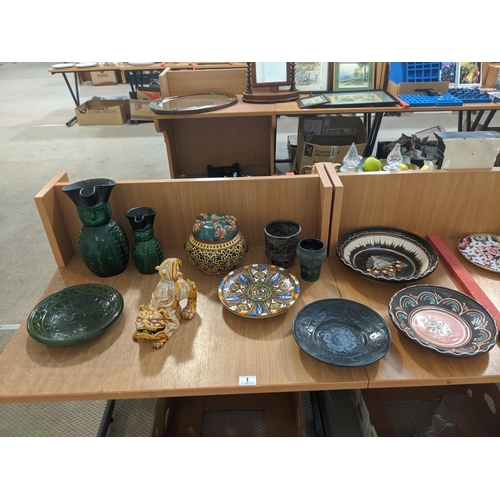 1 - A collection of early Hungarian and other pottery to include Zsolany, vintage glazed snake green Ame... 