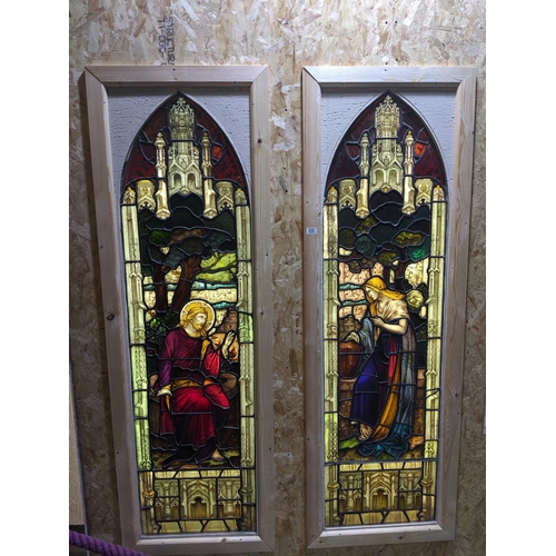 222 - A pair of stained glass windows depicting the scene of Jesus and the Samaritan Woman At The Well. Ea... 