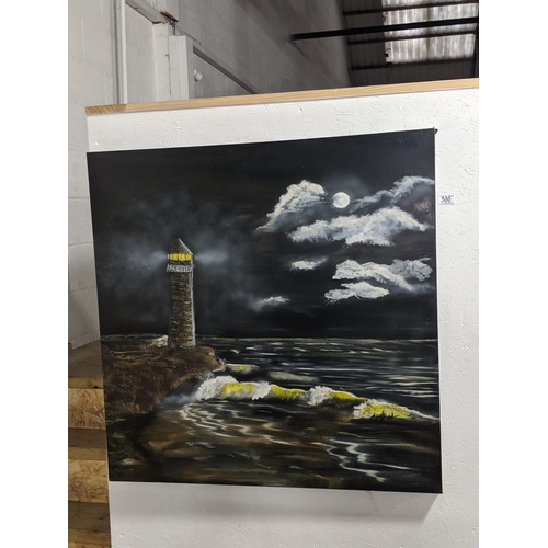 500 - An oil on canvas of a lighthouse signed Steve Lloyd
