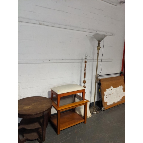 633 - A footstool, coffee table, two lamps and a drawing board