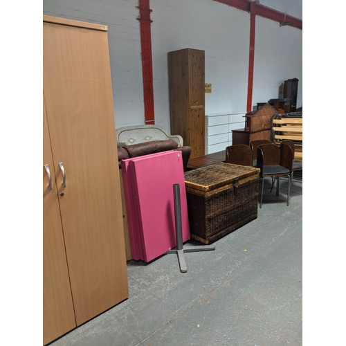 658 - An office cabinet , two A boards, wicker basket, dining table top and 4 chairs