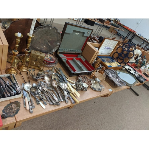 32 - A quantity of silver plated items, brass ware etc including boxed Mappin & Webb flatware