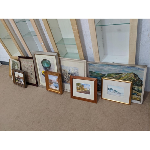 49 - A quantity of pictures and prints including A'Howells School 1932 sampler, original watercolours and... 