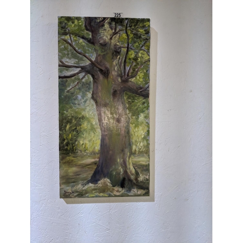 225 - An oil on canvas of a large tree by K,Harris,92