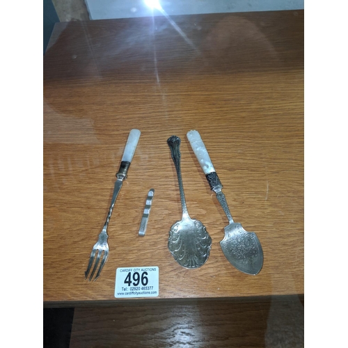 496 - A hallmarked silver and mother of pearl jam spoon, a silver tie pin, spoon and epns pickle fork